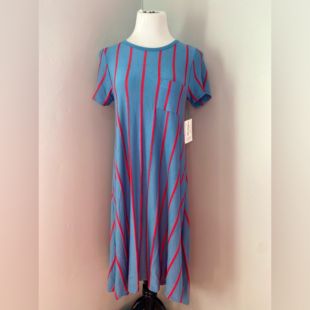 LuLaRoe Carly Dress Blue and Red Vertical Stripe